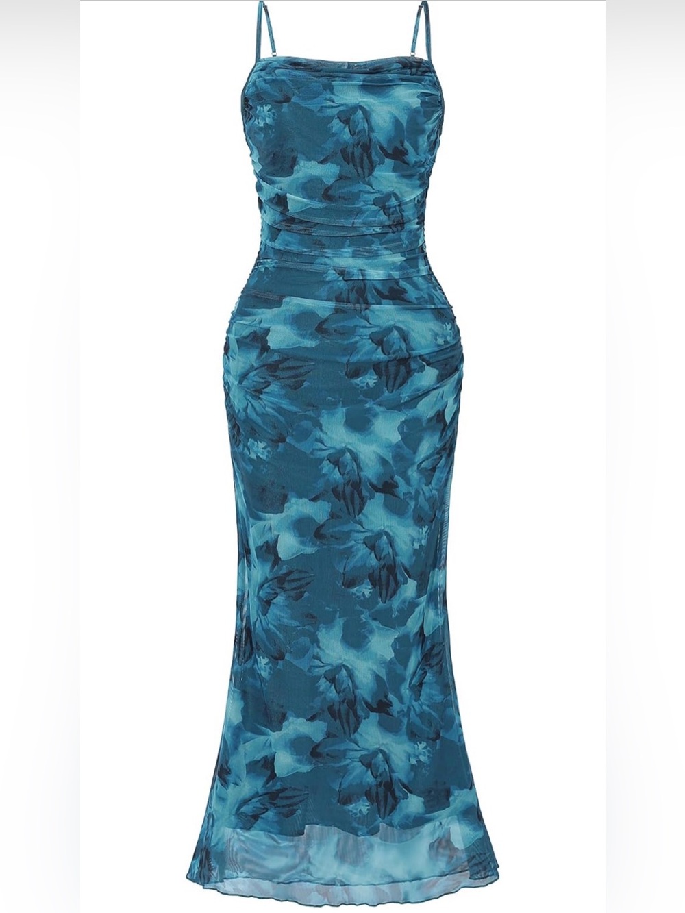Floral Ruched Mesh Bodycon Maxi Dress – Tie Dye Blue